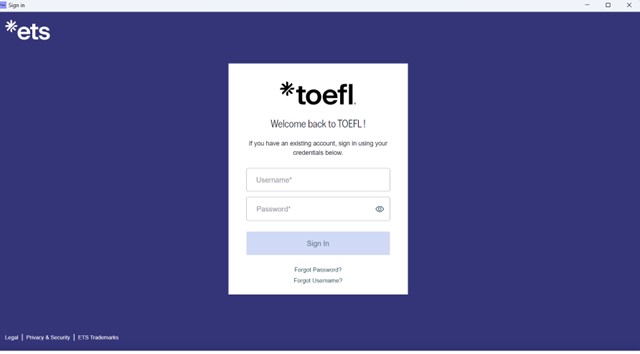Página de inicio de sesión en el ToeFL