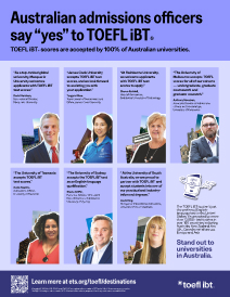 Una miniatura de un folleto que destaca a varios responsables de admisiones australianos discutiendo la aceptación del examen TOEFL iBT